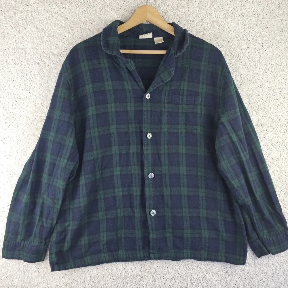 LL Bean Pajama Button Up Shirt Blackwatch Plaid Flannel Tartan Mens XL 500244